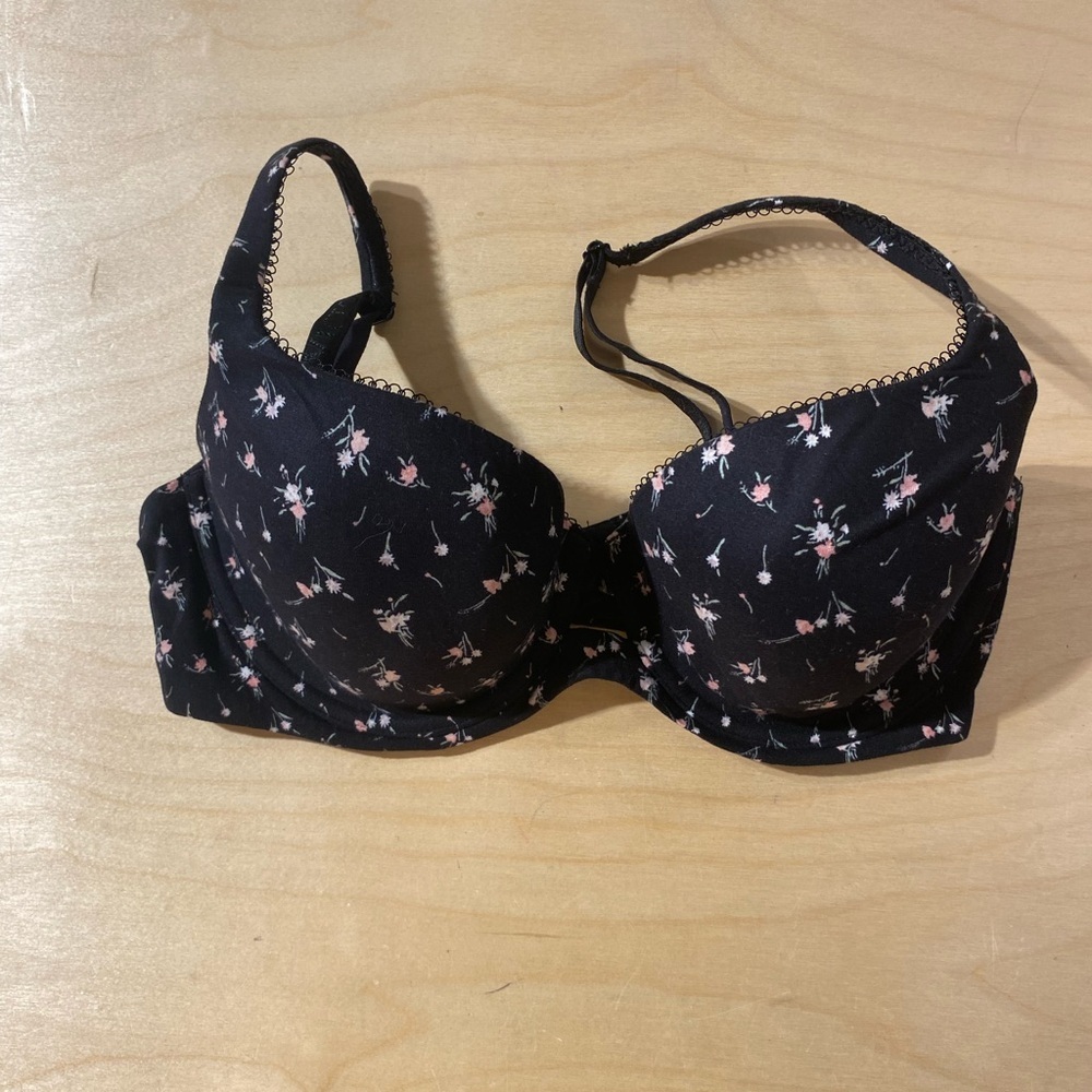 Victoria's Secret Black and Pink Floral Underwire Bra 34D/D75 (GC)